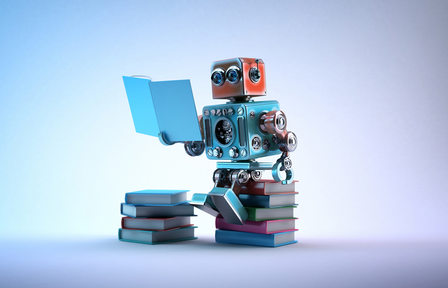 Robot sitting on a bunch of books. Contains clipping path